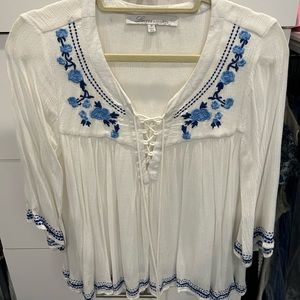 Lovers + friends blouse- lace up and embroidered, white and blue size Medium